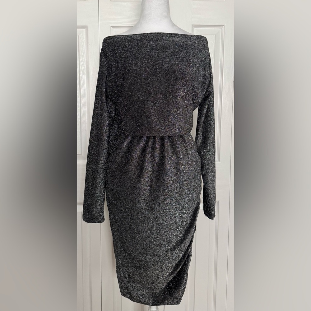 LARGE - NWT Off The Shoulder Black & Silver Form-fitting Cocktail Dress